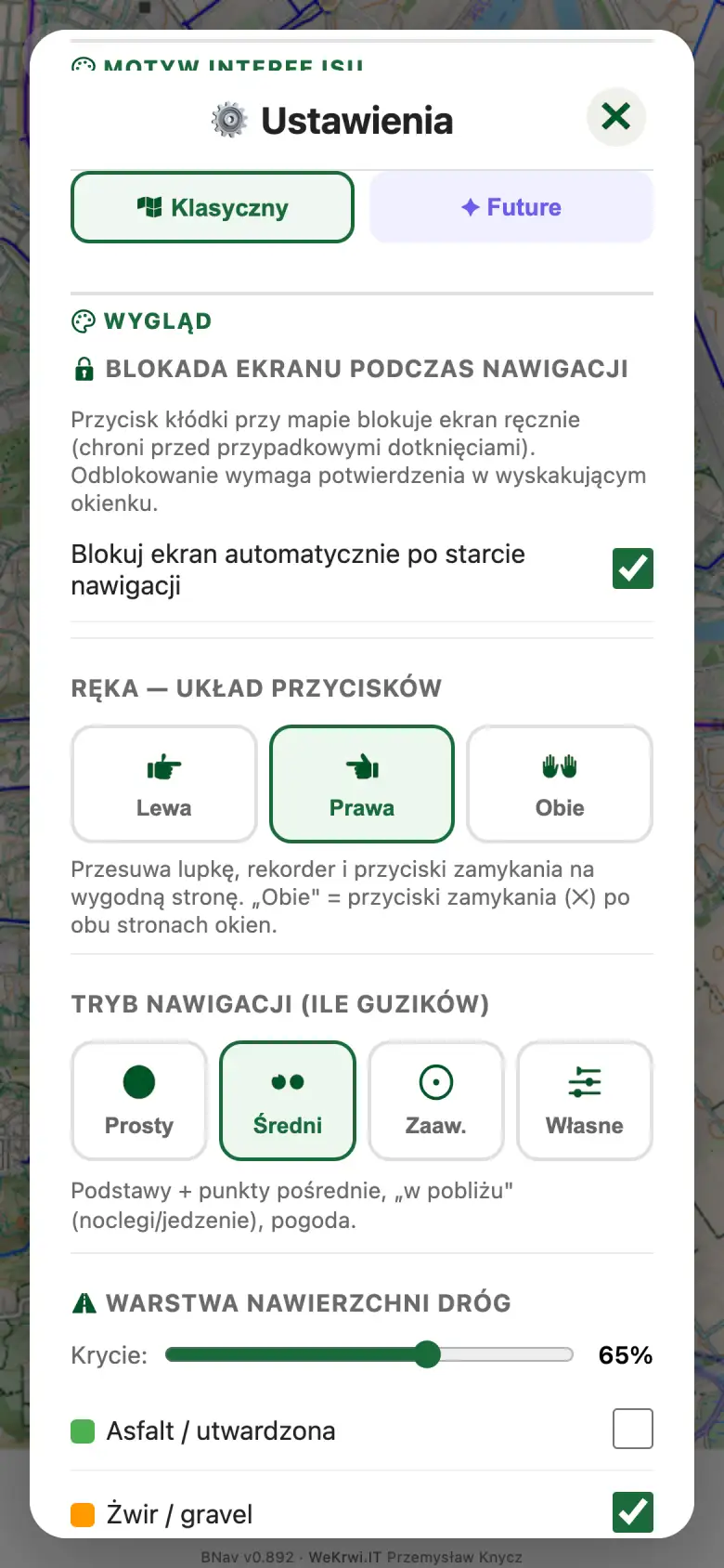 Ustawienia: układ przycisków dla lewej lub prawej ręki i wybór trybu nawigacji